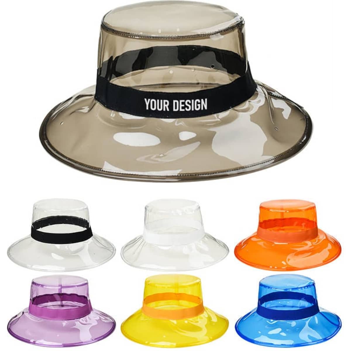 A transparent custom PVC bucket hat in various colours, featuring a logo band for personalised design.