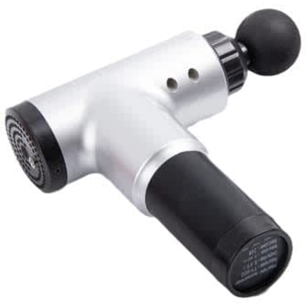 An electric fascia gun in silver and black with a round attachment and ventilation holes, featuring a logo.
