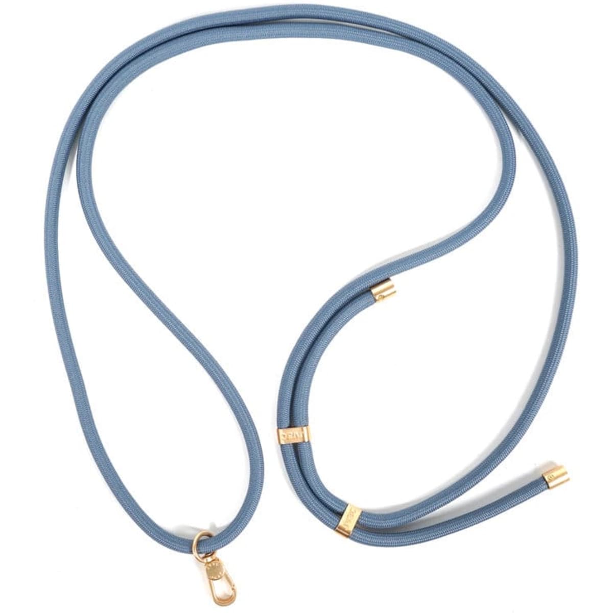 An adjustable crossbody lanyard in light blue, featuring gold accents and a clip for attaching a cell phone.
