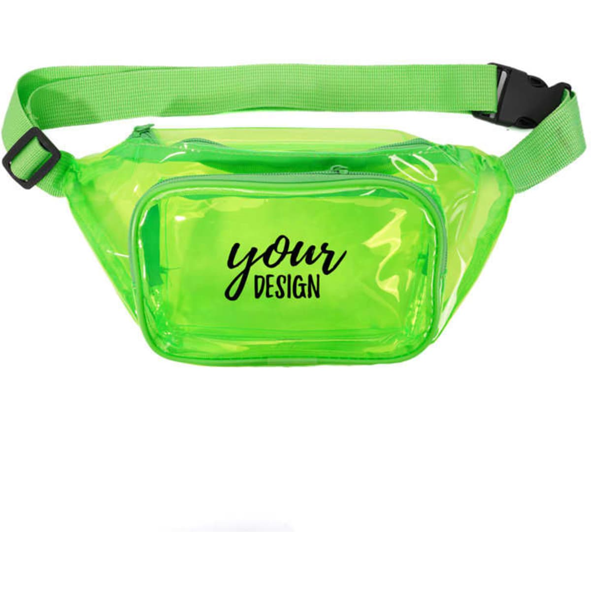 A clear, green adjustable fanny pack with a front pocket and a logo. Suitable for carrying small items.