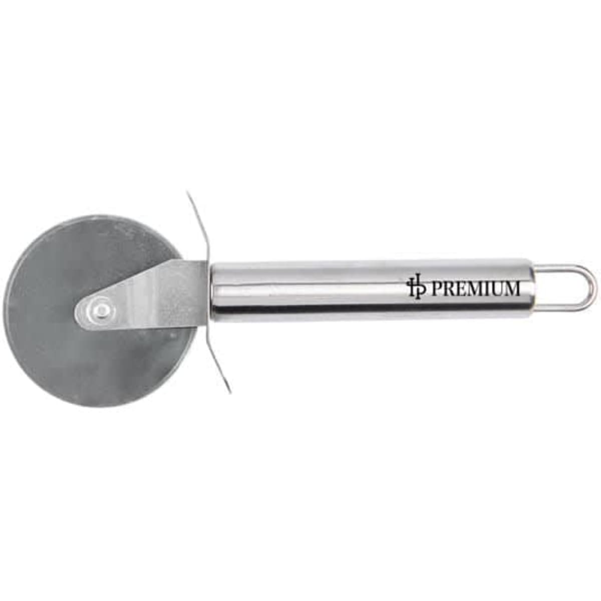 A stainless steel pizza cutter with a silver handle, featuring a smooth, circular blade and a branding logo.