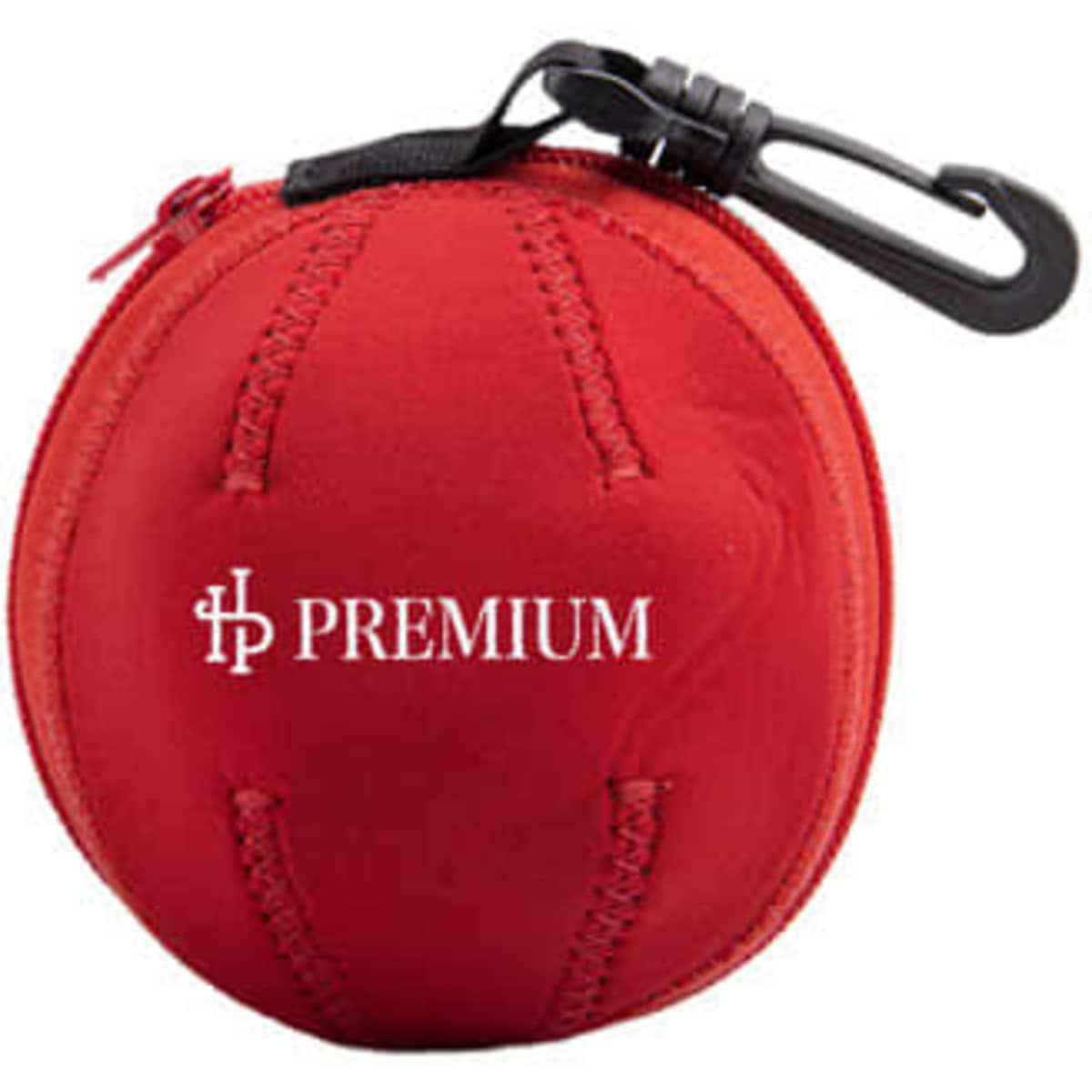 A red neoprene fruit case jacket with a zipper and a clip, featuring a logo on the surface.