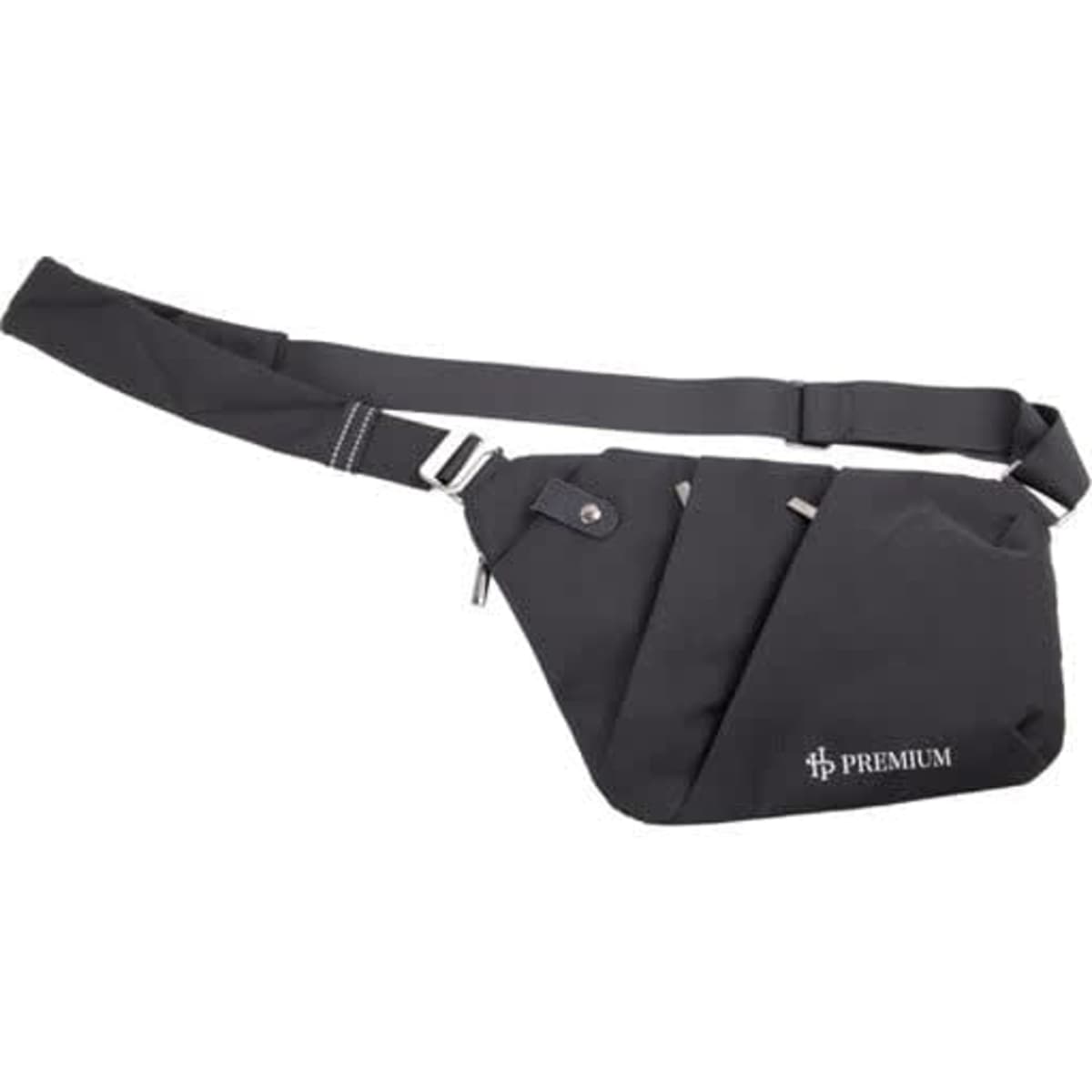 A black anti-theft crossbody sling bag with multiple compartments and a shoulder strap, featuring a logo.