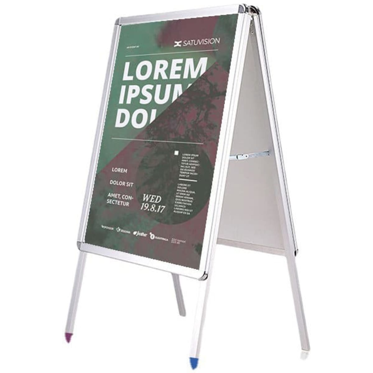 An aluminium A-frame poster display stand with a double-sided advertisement area and coloured tips on the legs.