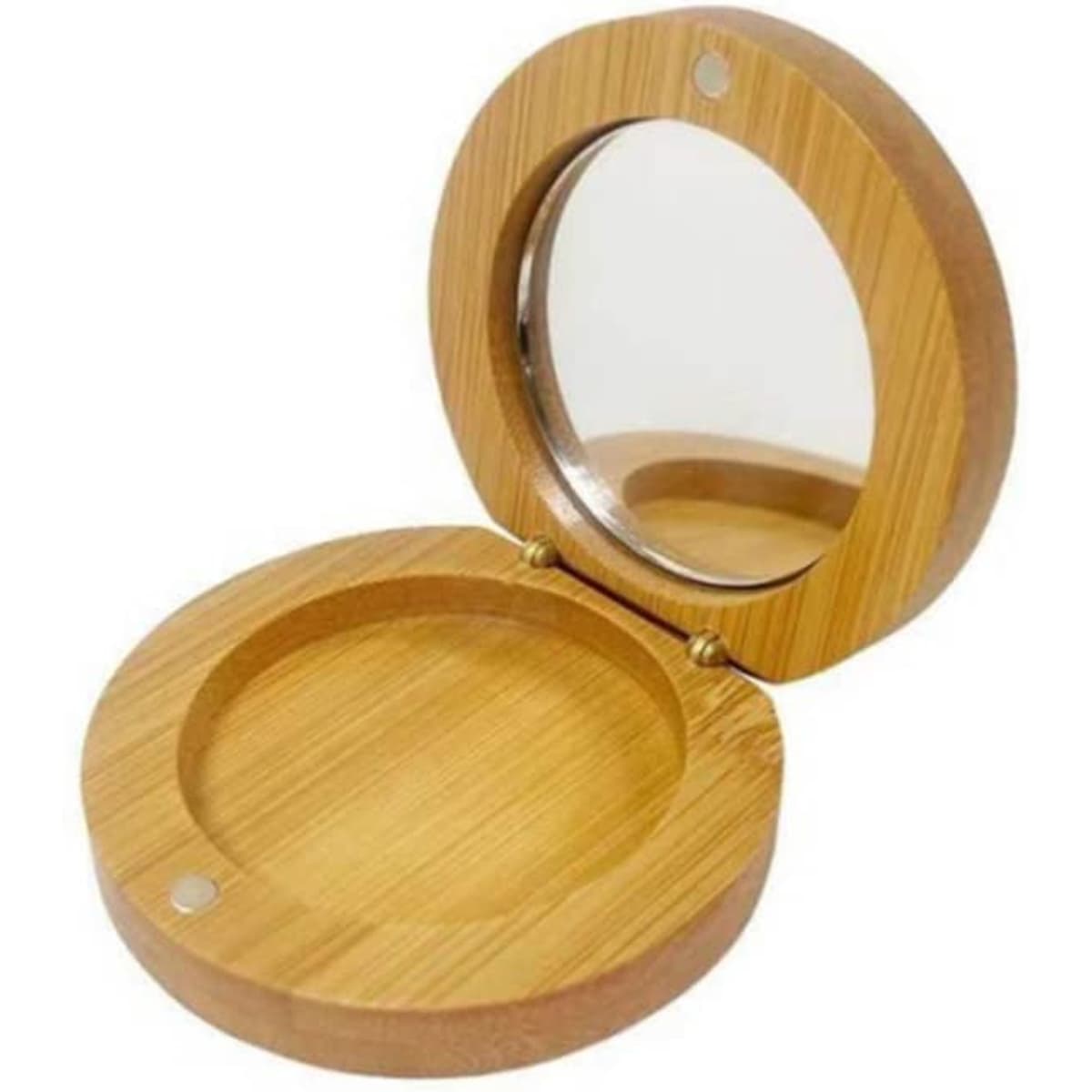 A bamboo travel jewelry box with a mirror, featuring a circular design and a natural wood finish.