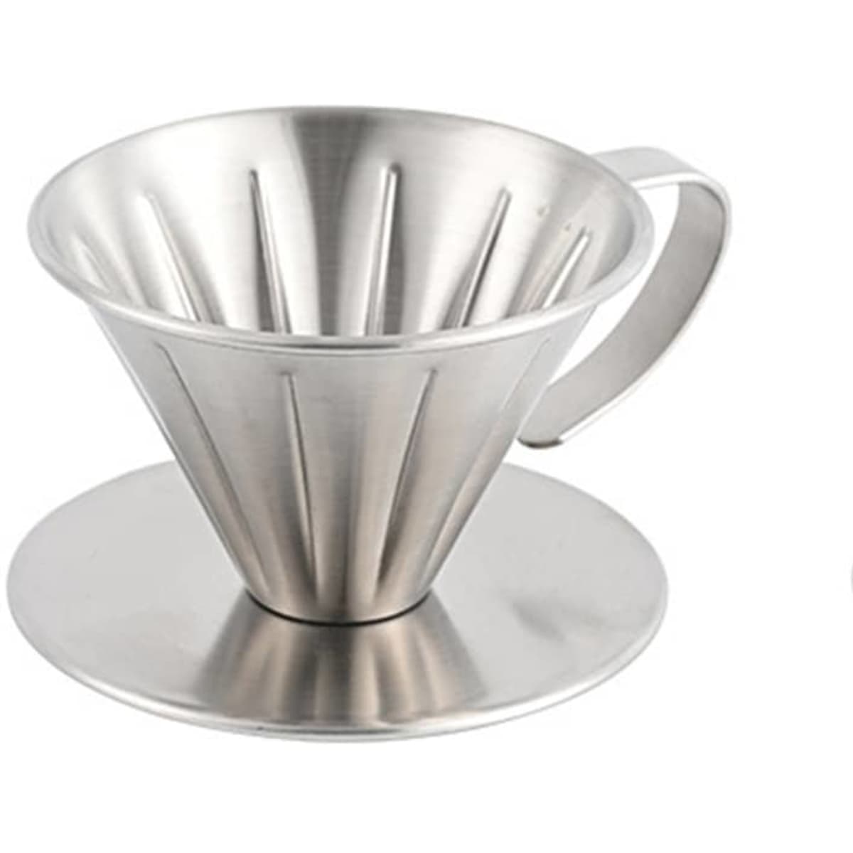 A stainless steel coffee dripper with a conical shape and a handle, resting on a flat base.