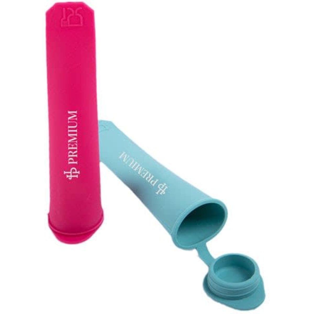 A silicone handheld popsicle mould in pink and blue with a lid, featuring a logo. Ideal for homemade treats.