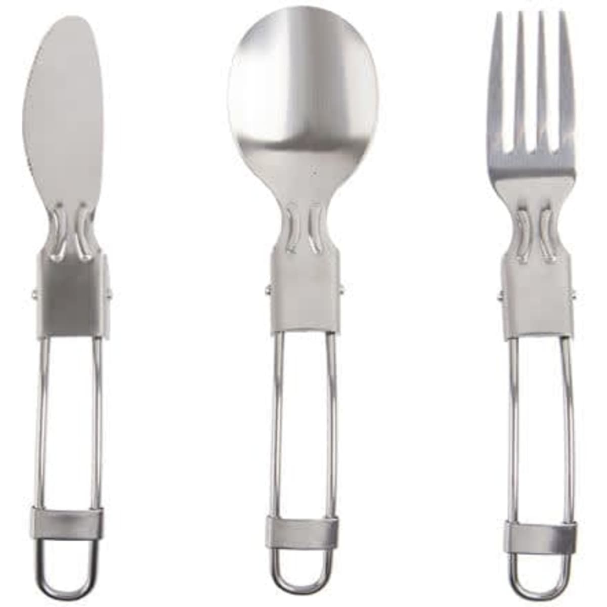 A stainless steel folding cutlery set, including a knife, spoon, and fork with sleek metallic finishes.