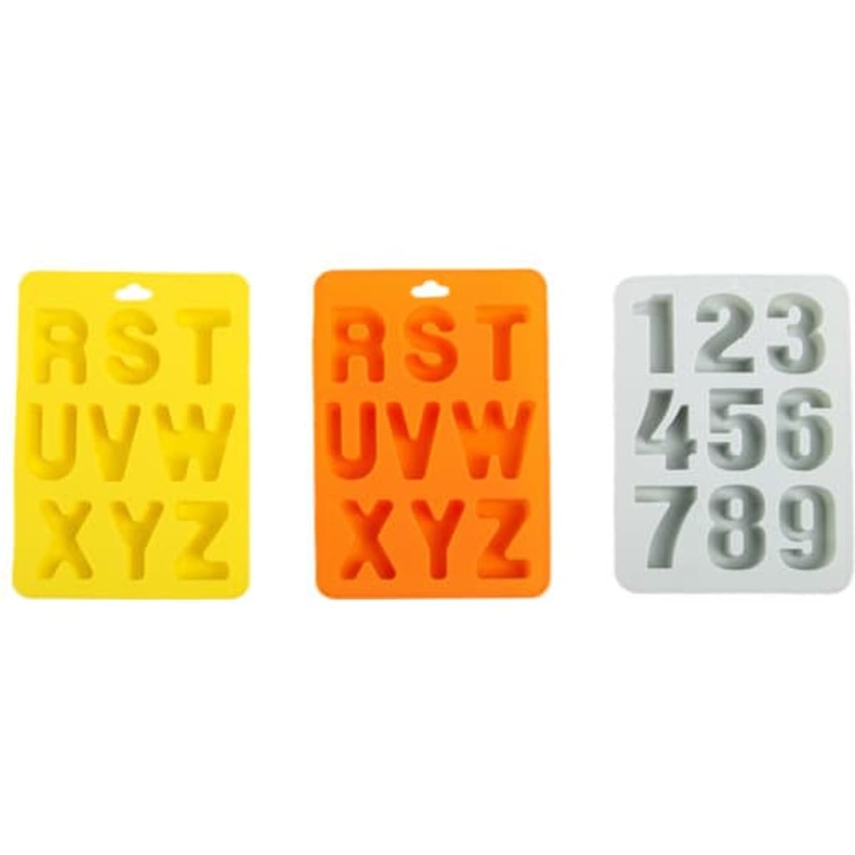 Silicone ice cube molds in yellow, orange, and white, featuring alphabet and number shapes. Each has a hanging loop.