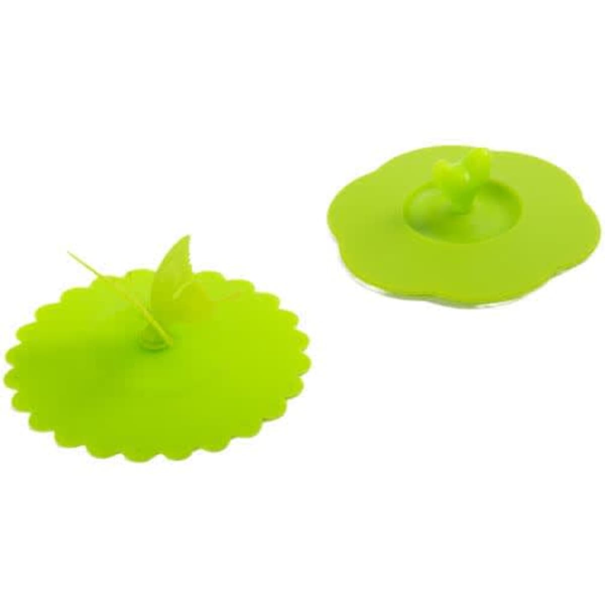 A set of bright green silicone cup lids with a decorative design and small handle. Ideal for covering cups or mugs.