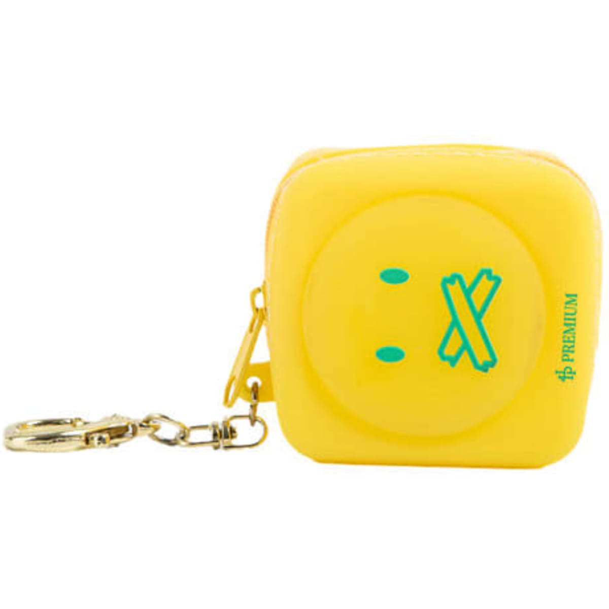 A square yellow silicone coin purse with a keychain, featuring a simple smiley face design and a logo.