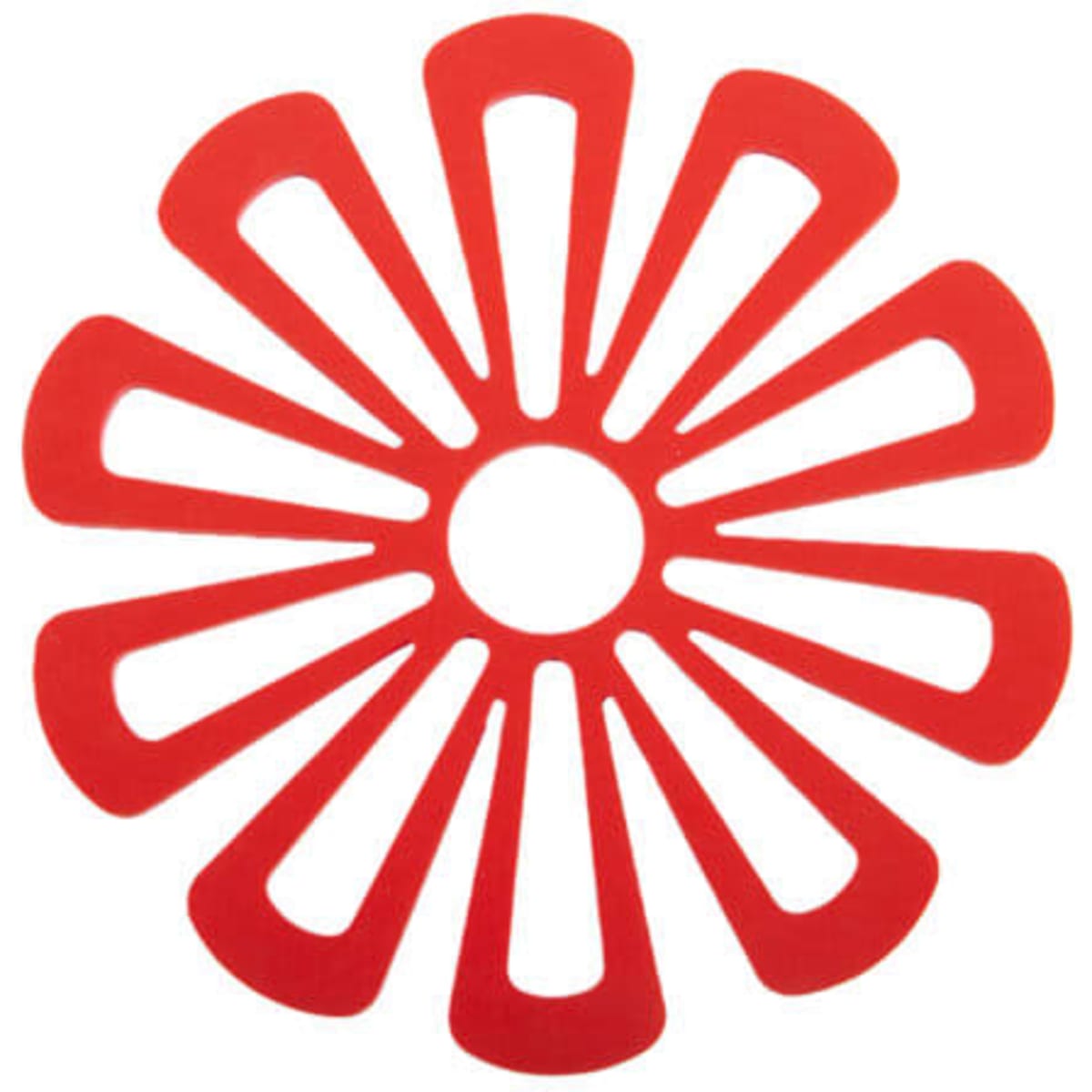 A flower-shaped red silicone coaster with cut-out designs, featuring a central circular opening.