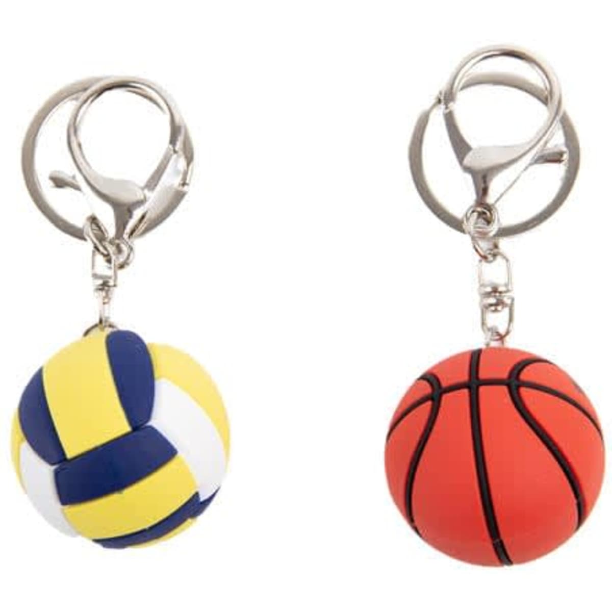 Two keychains shaped like a volleyball in yellow and blue and a basketball in red, each attached to a silver keyring.