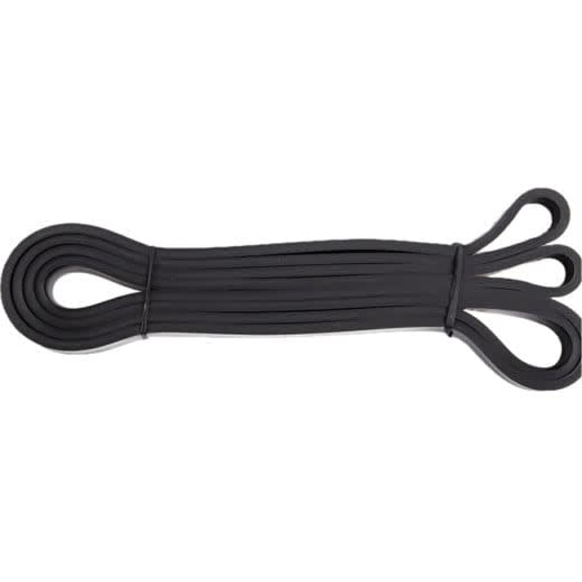 A set of custom heavy duty resistance bands in black, neatly bundled with loops at each end.