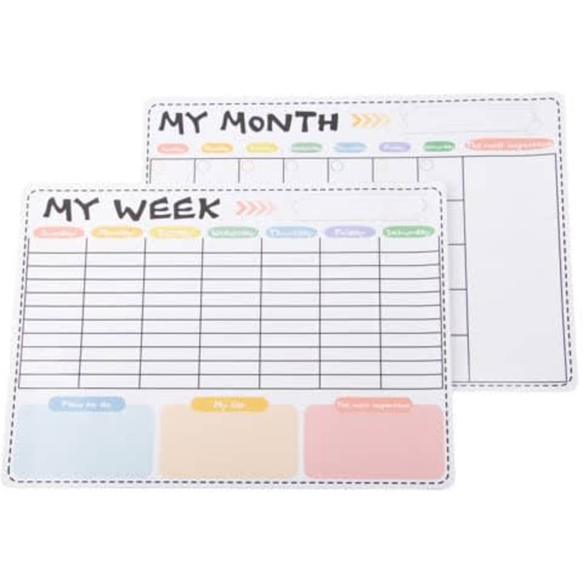 A whiteboard calendar with sections for a month and week, featuring colourful headings and a simple design.