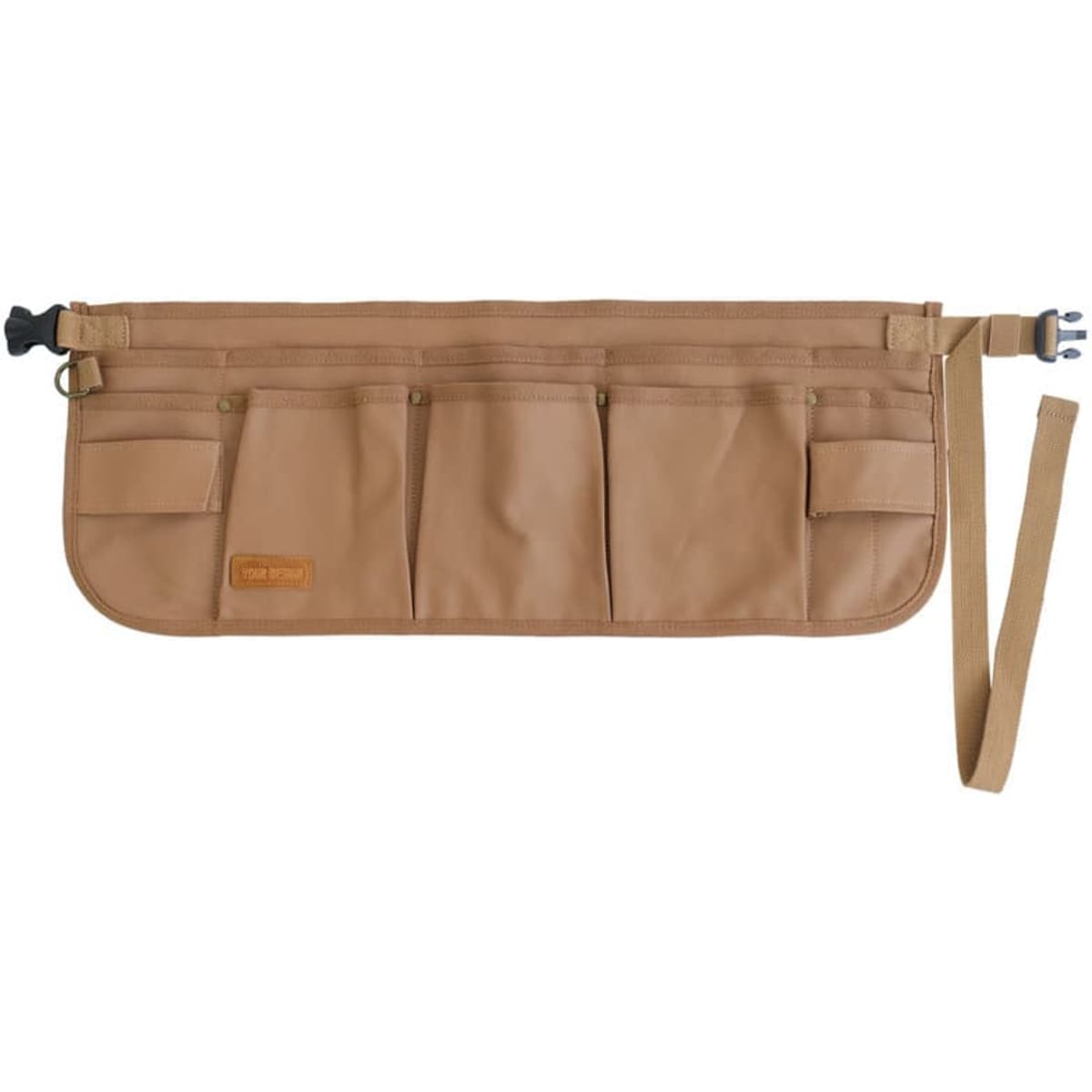 A tan multi-pocket tool belt with several compartments and an adjustable strap, featuring a logo.