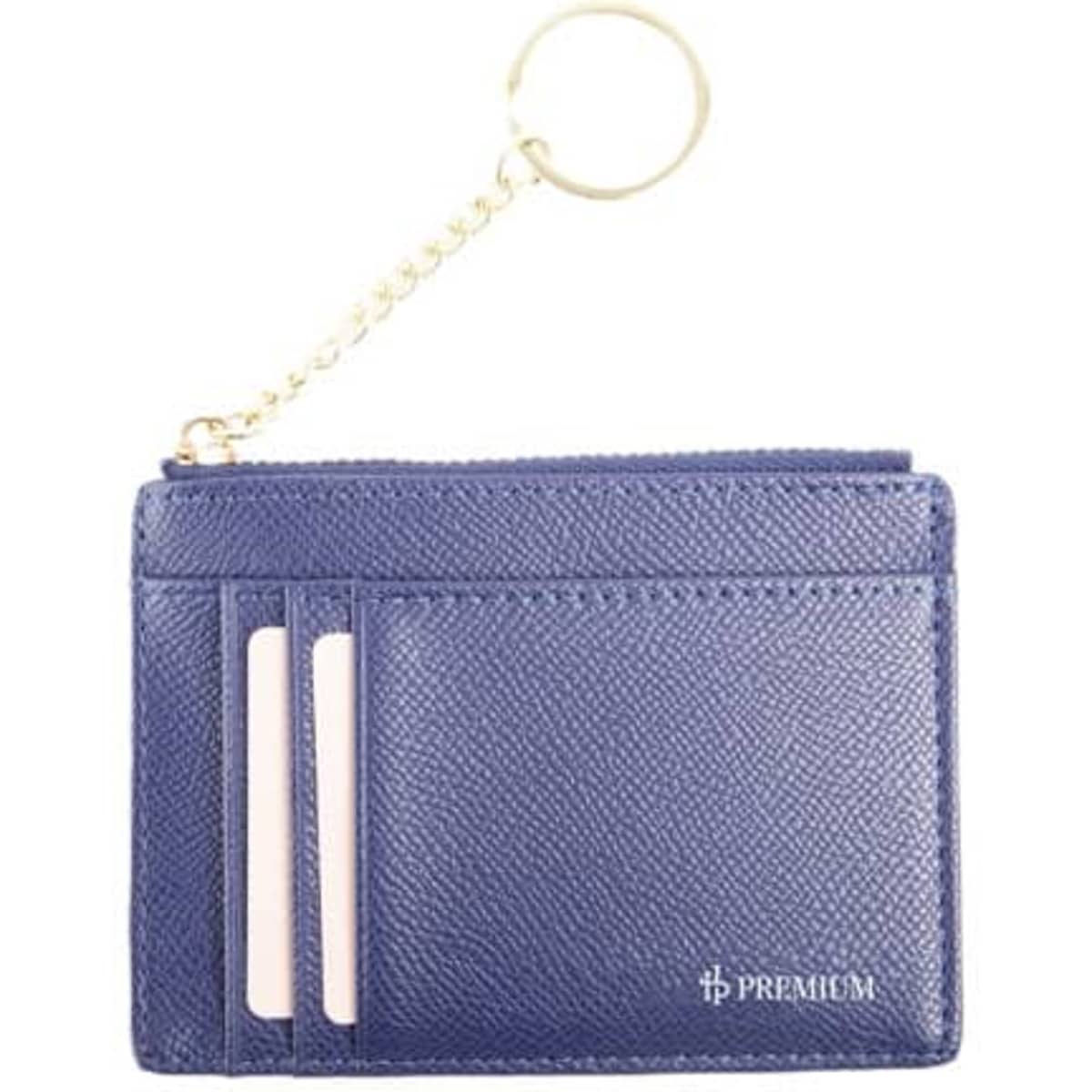 A blue PU wallet with a keychain, featuring multiple card slots and a textured finish. Includes a logo.