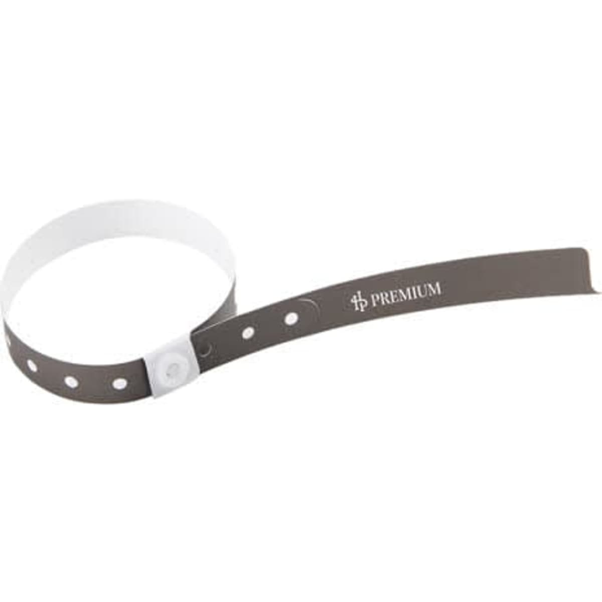 A grey personalised disposable wristband with a white locking mechanism and branding on the strap.
