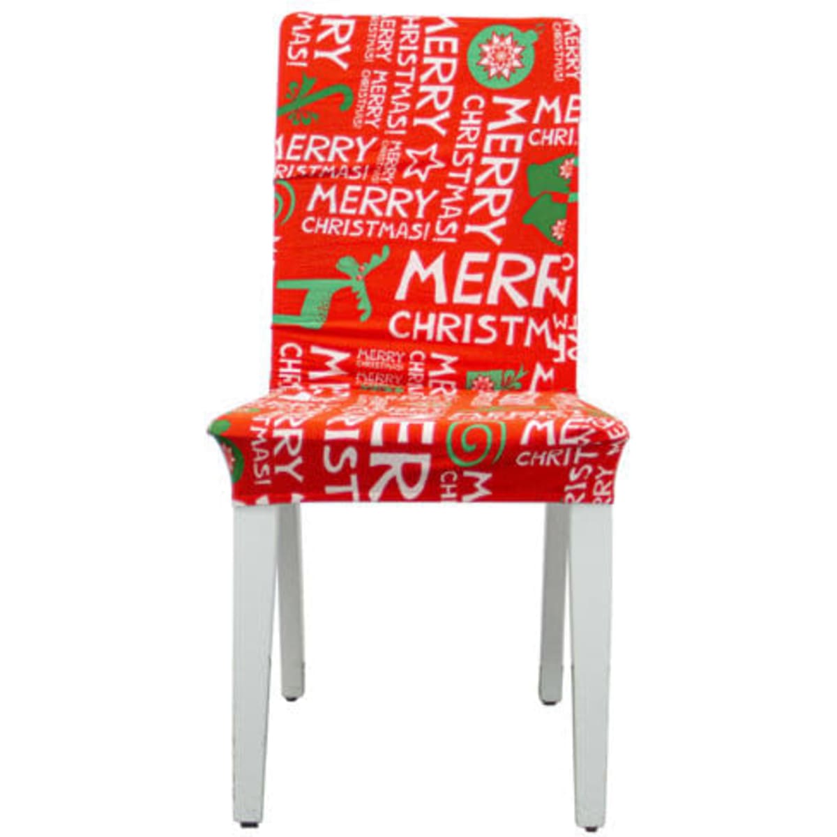 A red elastic chair cover featuring festive Christmas designs, including "Merry Christmas" and decorative motifs.