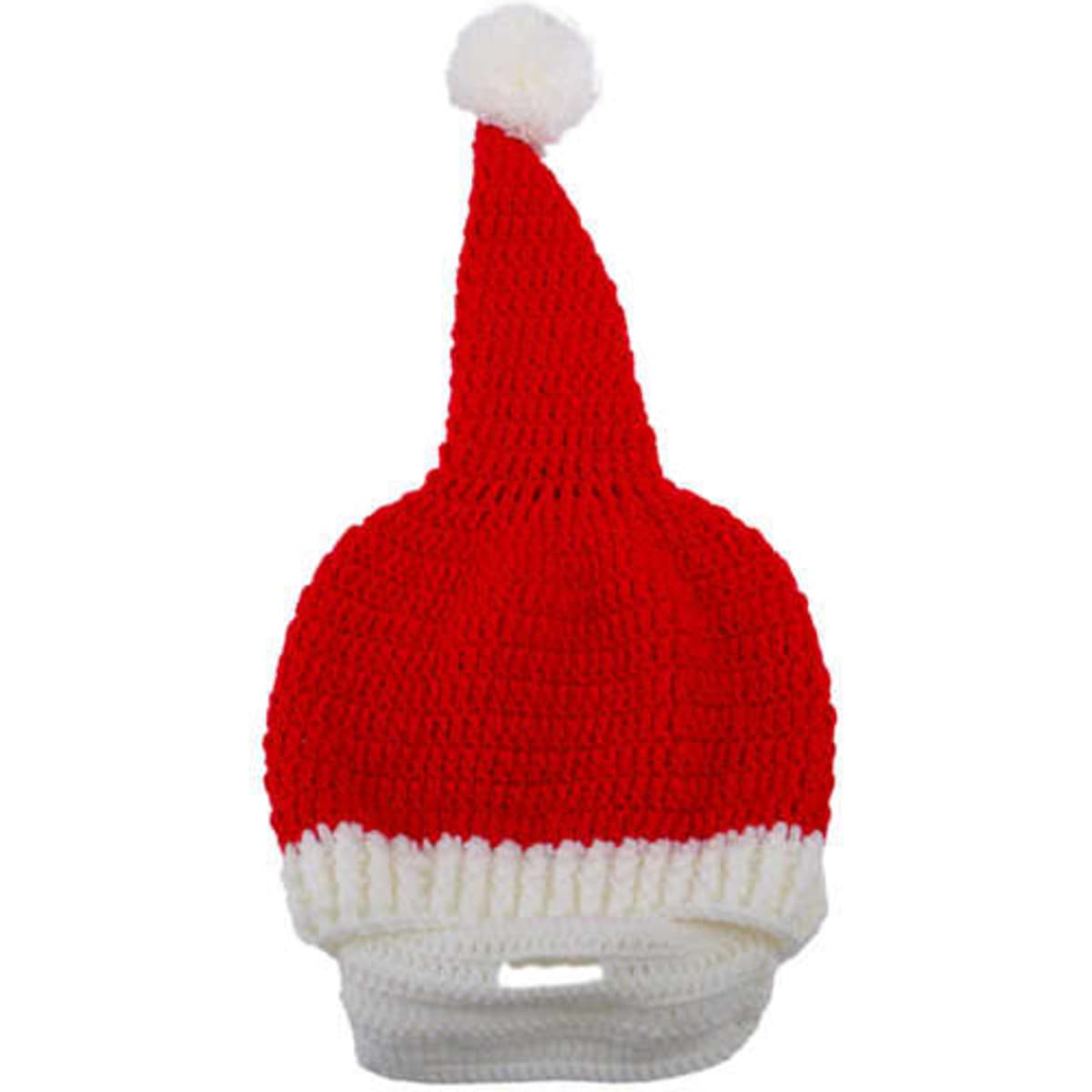 A red knitted Santa hat with a white brim and a pom-pom on top, featuring a beard mask attachment.