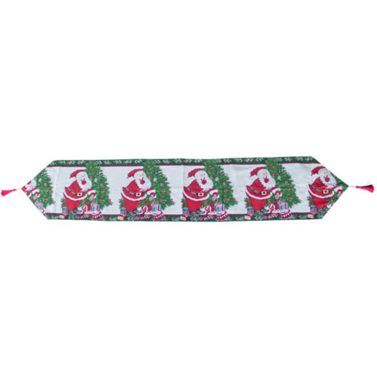 A festive table runner featuring Santa Claus and Christmas decorations in red, green, and white. It has a logo.