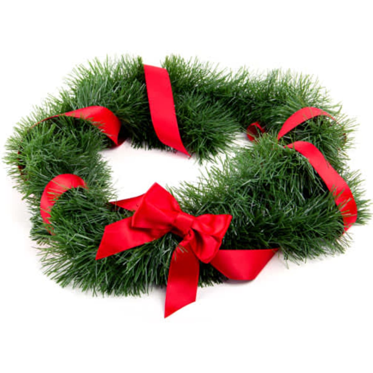A Christmas pine garland featuring lush green foliage and red ribbons, including a bow.
