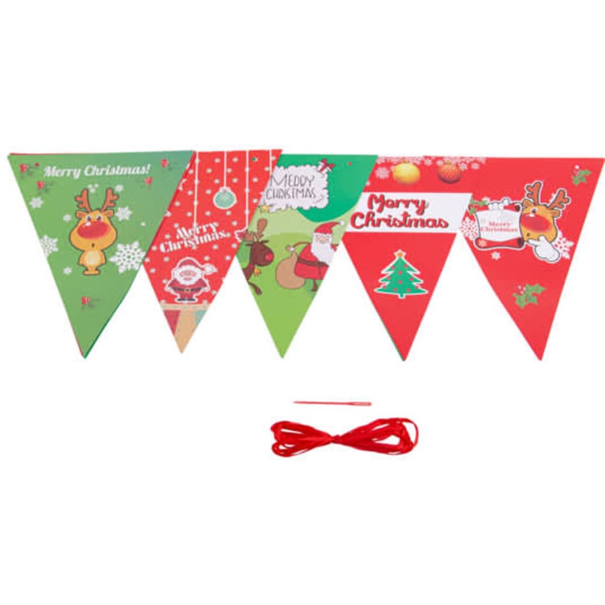 A custom paper pennant banner in red and green featuring festive Christmas designs and a length of red string for hanging.