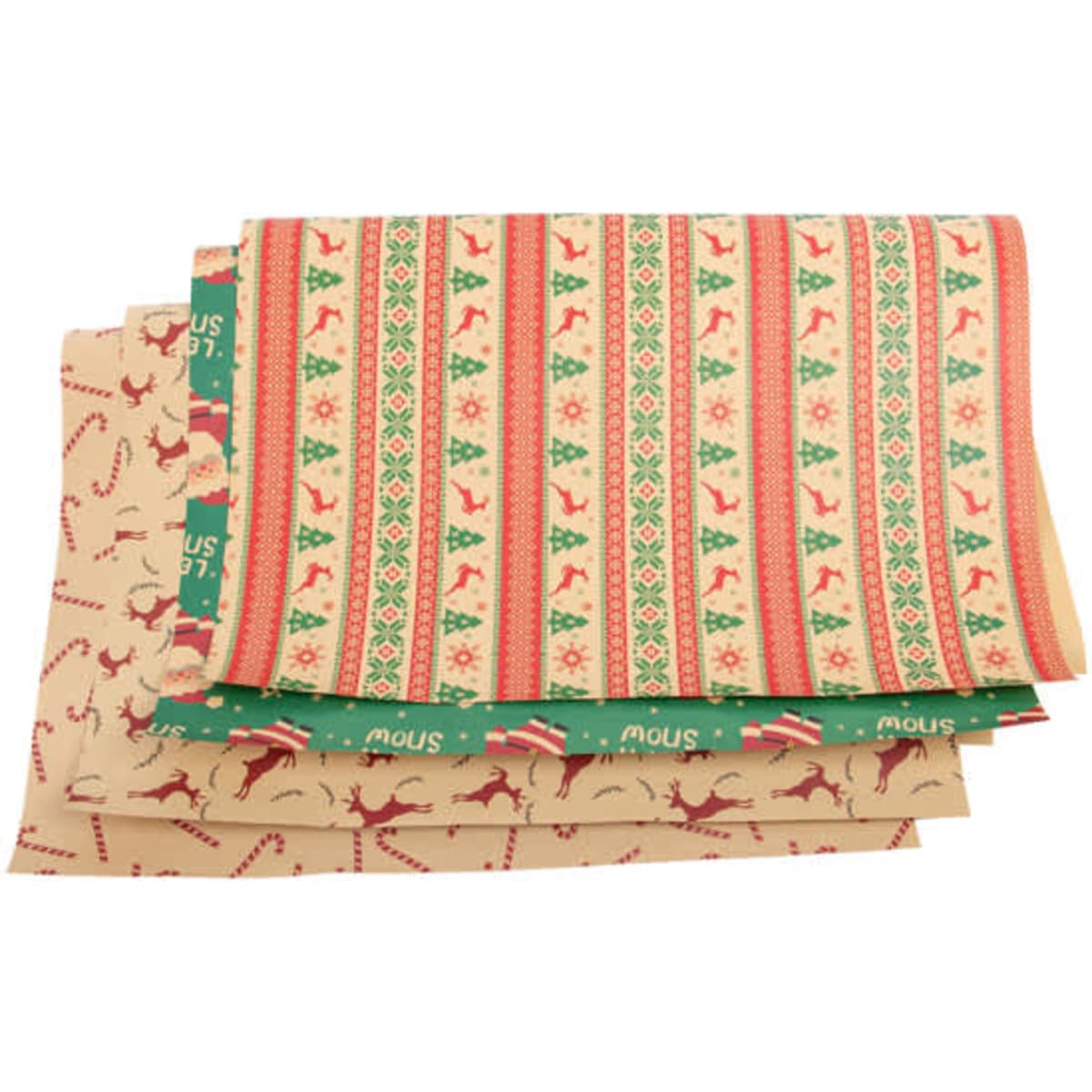 A stack of thickened kraft wrapping paper featuring festive patterns in red, green, and cream. Some designs include reindeer and trees.