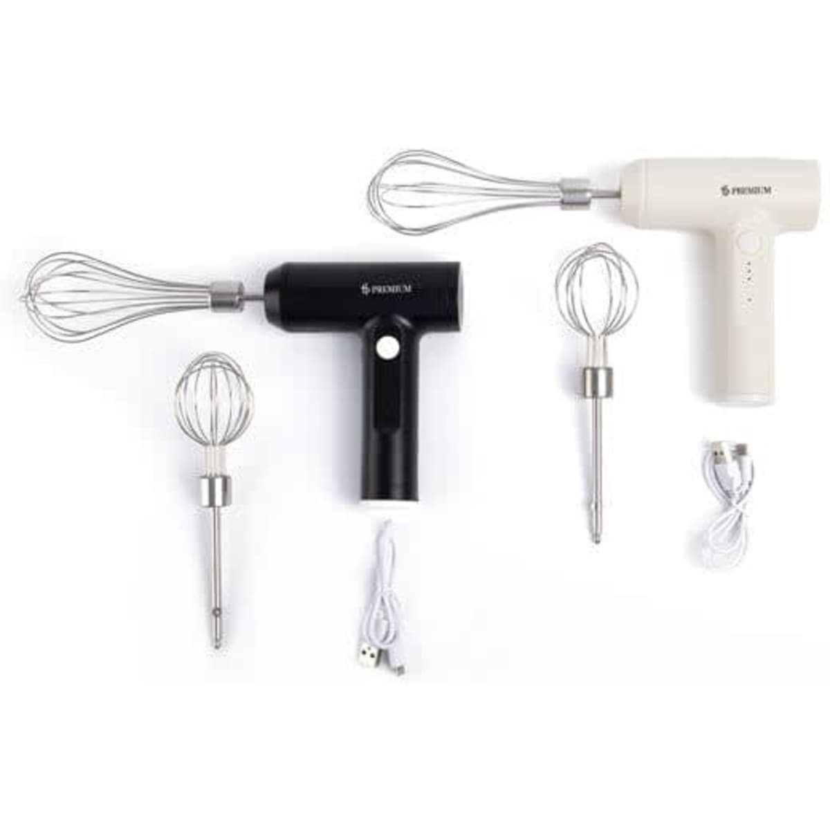 A portable electric egg beater in black and white, featuring whisks and USB charging cables, with a logo present.