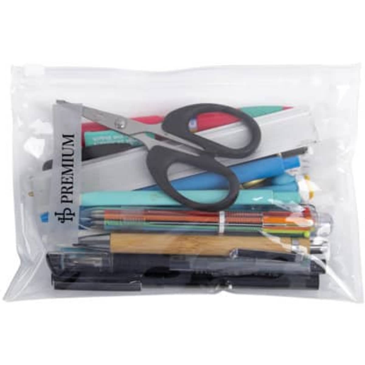 A clear zip lock bag containing scissors, pens, pencils, highlighters, and various stationery items.