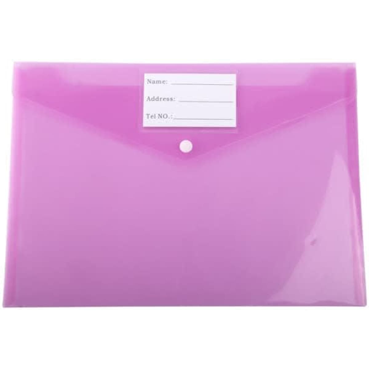 A pink clear envelope folder with a snap button closure and a space for a label.