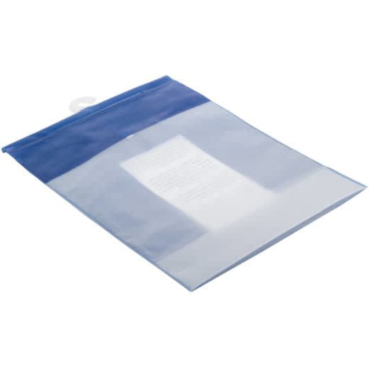 A clear ziplock bag with a blue top, featuring a hook for hanging. Ideal for toiletries and accessories.