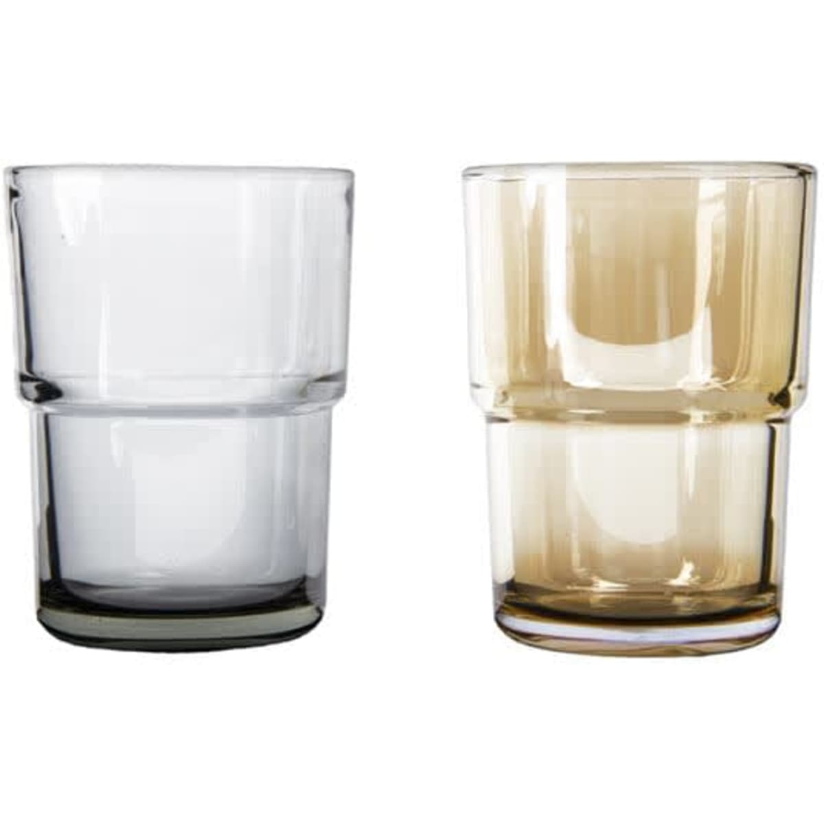 A stackable coloured drinking glass set featuring clear and amber glass tumblers. Each has a sleek, modern design.
