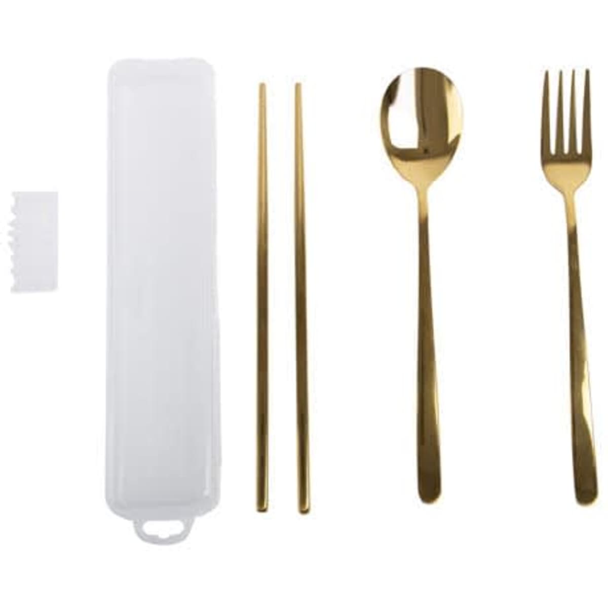 A golden flatware set including a spoon, fork, chopsticks, and a white storage box.