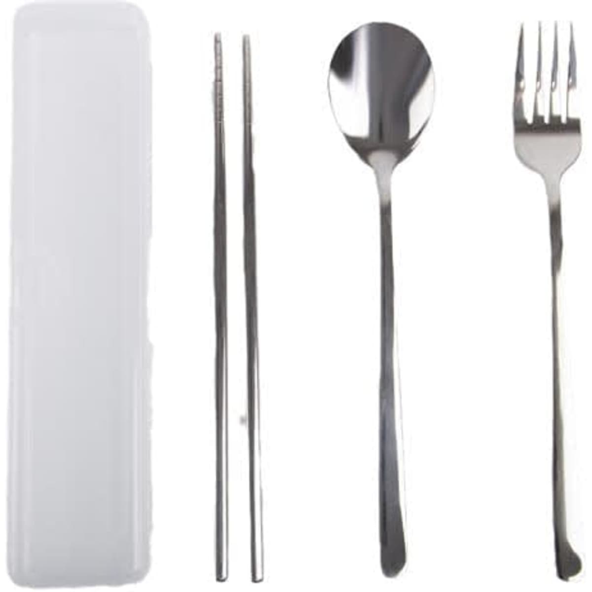 A stainless steel cutlery set in a case, including a fork, spoon, and chopsticks. The cutlery has a shiny finish.