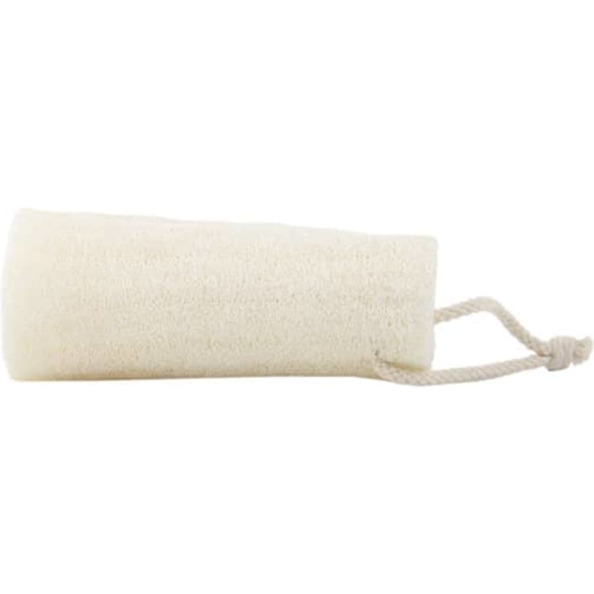 A natural loofah sponge scrubber in cream colour, featuring a rope handle for easy hanging.