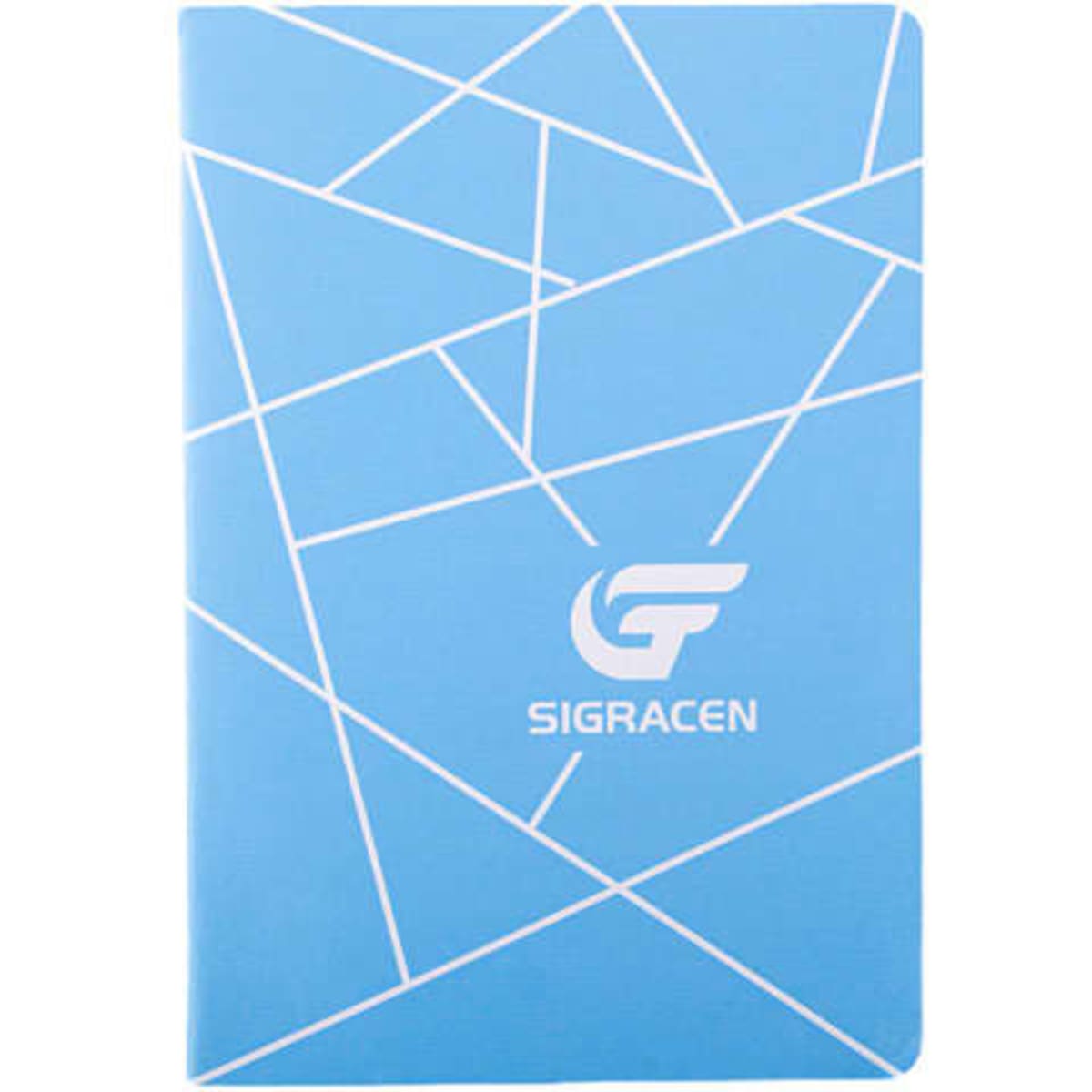 A blue soft cover journal featuring a geometric design and a logo on the front.