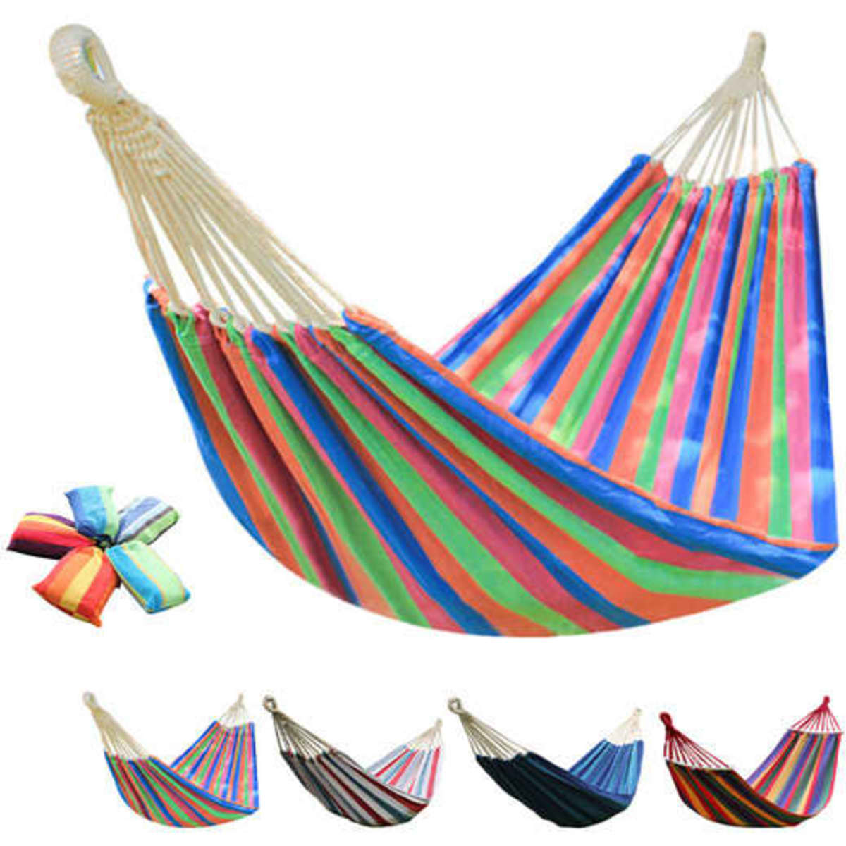 A colourful striped canvas hammock in multiple shades, accompanied by matching carrying straps.