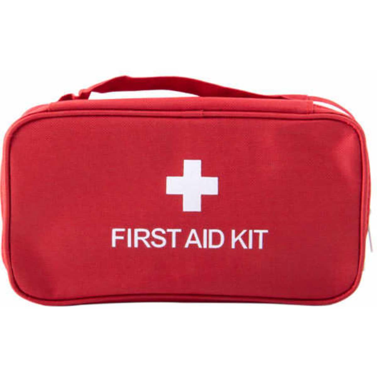 A red first aid kit featuring a white cross and a logo. Compact design with a carrying handle.