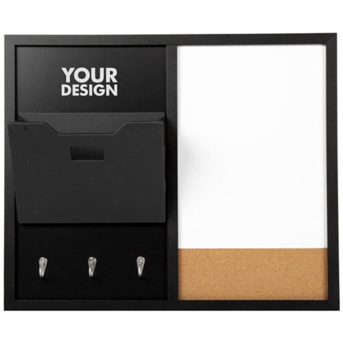 A black custom dry erase cork whiteboard featuring a cork section, a storage pocket, and three hooks.