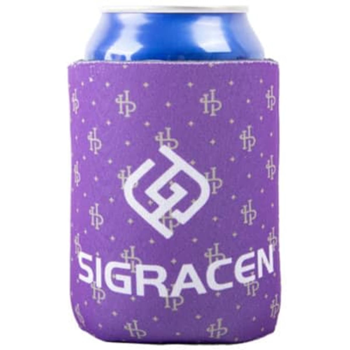 A drink bottle is nestled in a purple foam can cooler sleeve featuring a logo.