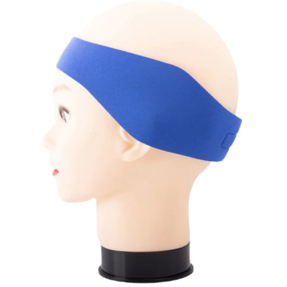 A blue neoprene waterproof headband displayed on a mannequin head, featuring a simple design and an adjustable strap.