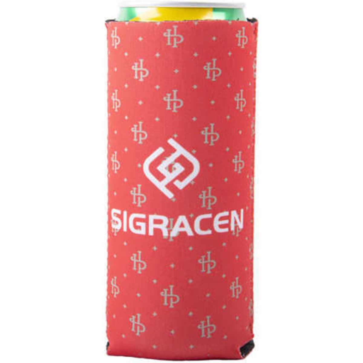 A drink bottle sleeve in red neoprene with a logo, featuring a patterned design and a can inside.