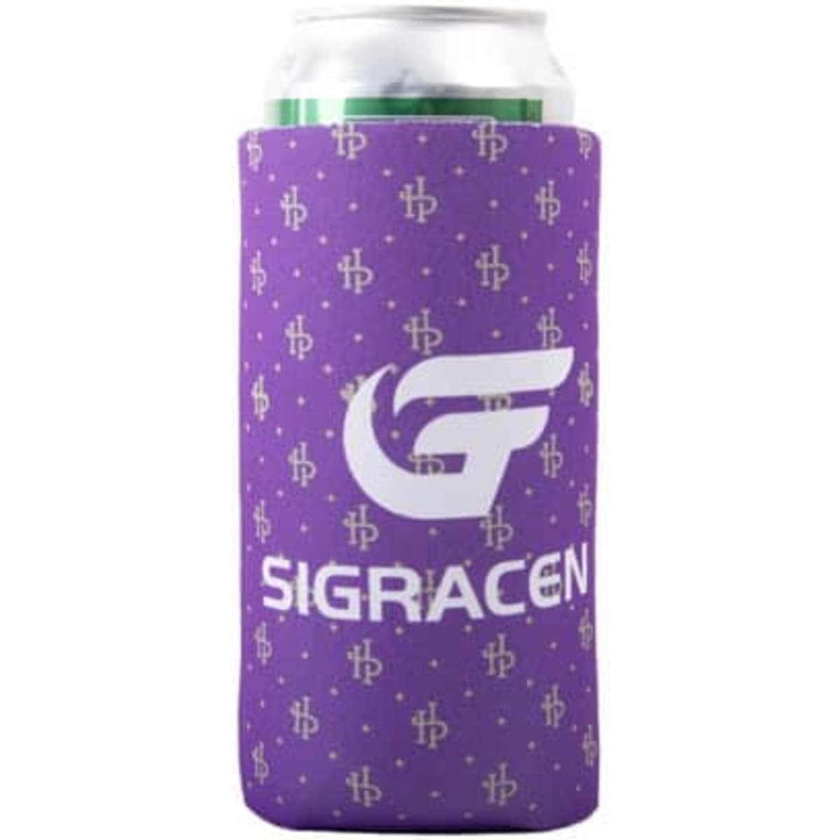 A drink bottle cooler in purple with a logo, featuring a patterned design and designed to hold a standard can.