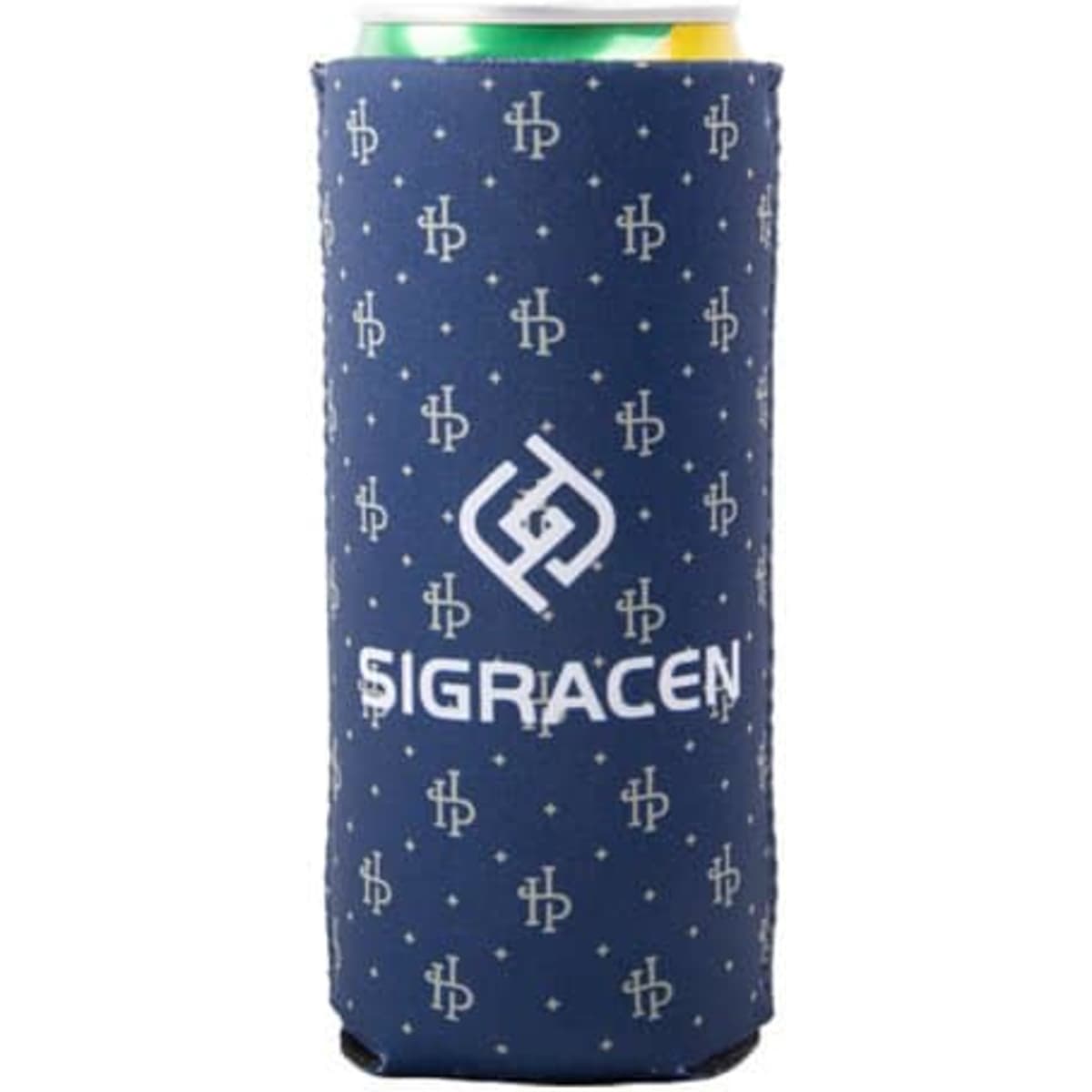 A drink bottle cooler in navy, featuring a patterned design and a logo, suitable for 12 oz cans.