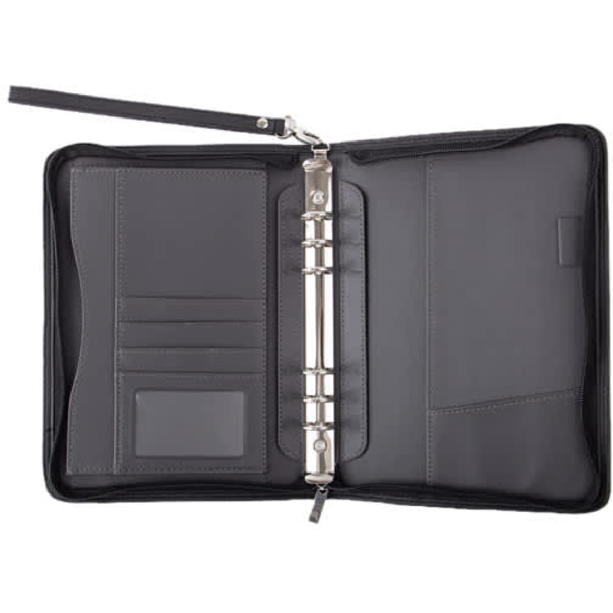 A black leather zipper portfolio featuring multiple card slots and a binder mechanism for organising documents.