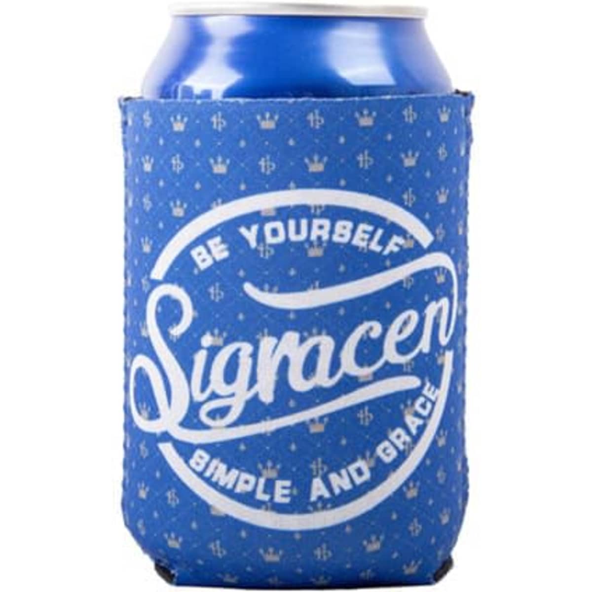 A drink bottle wrapped in a blue neoprene koozie featuring a logo and decorative pattern.