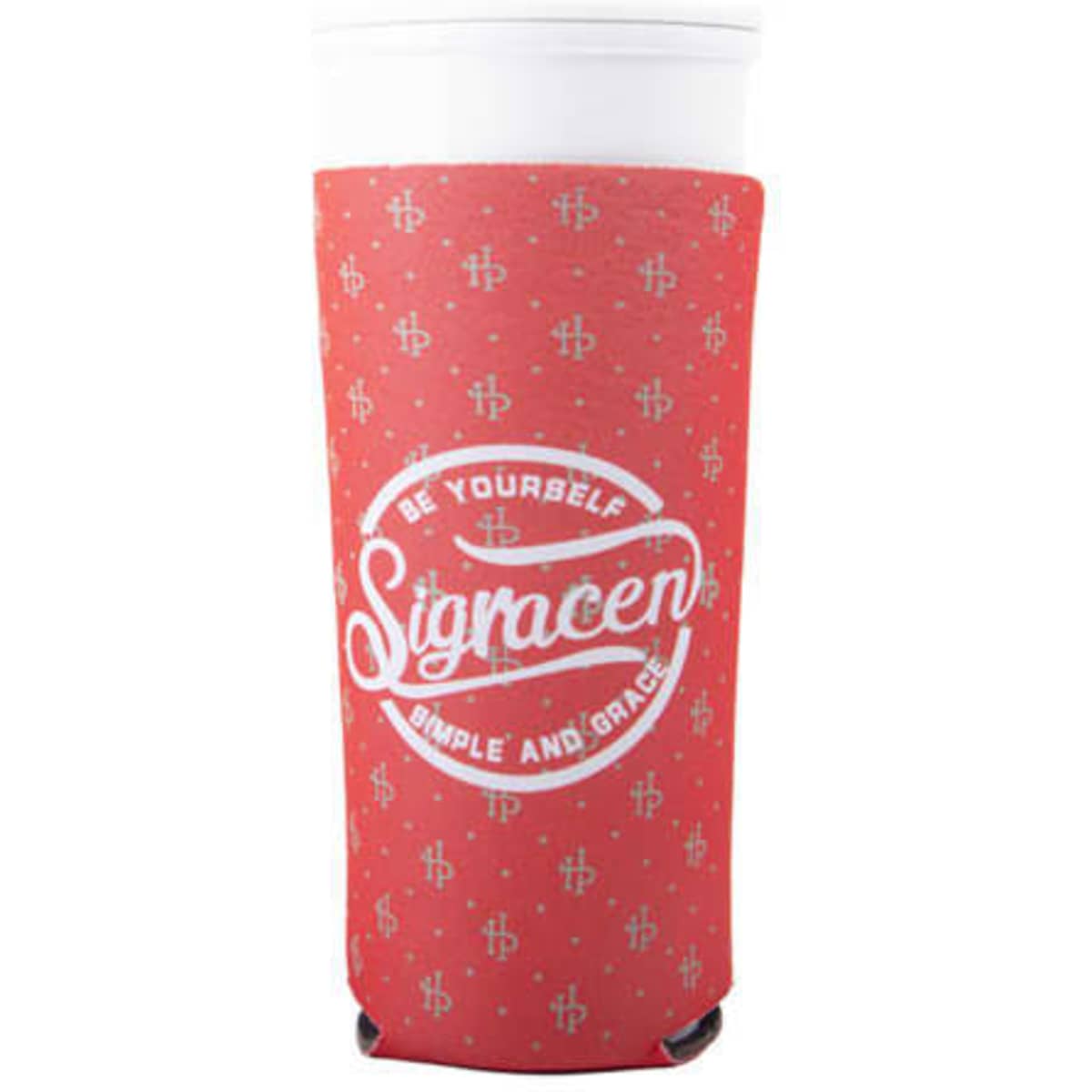 A drink bottle with a red insulated sleeve featuring a logo and decorative pattern.