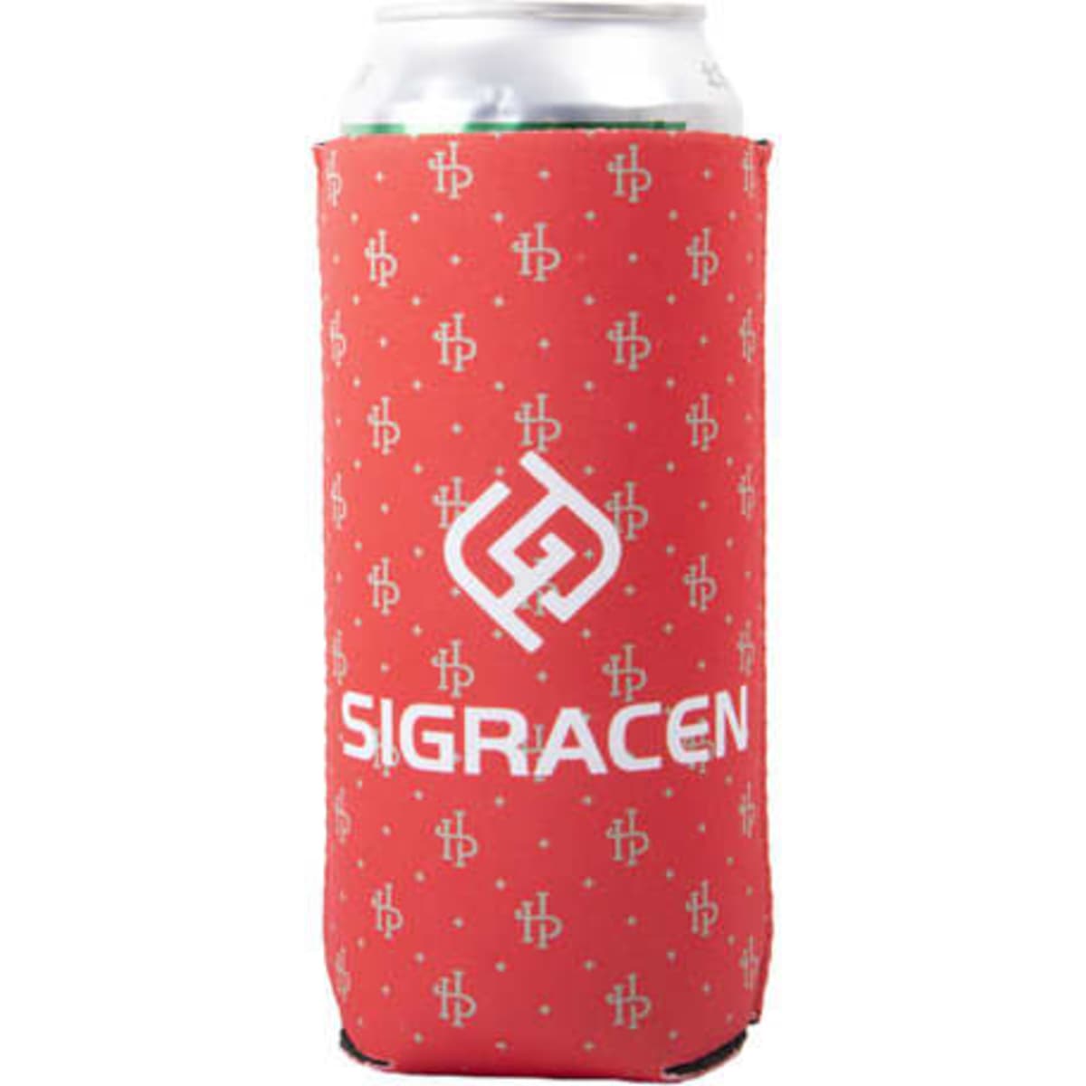 A drink bottle cooler in red neoprene, featuring a logo and a patterned design, suitable for a standard can.
