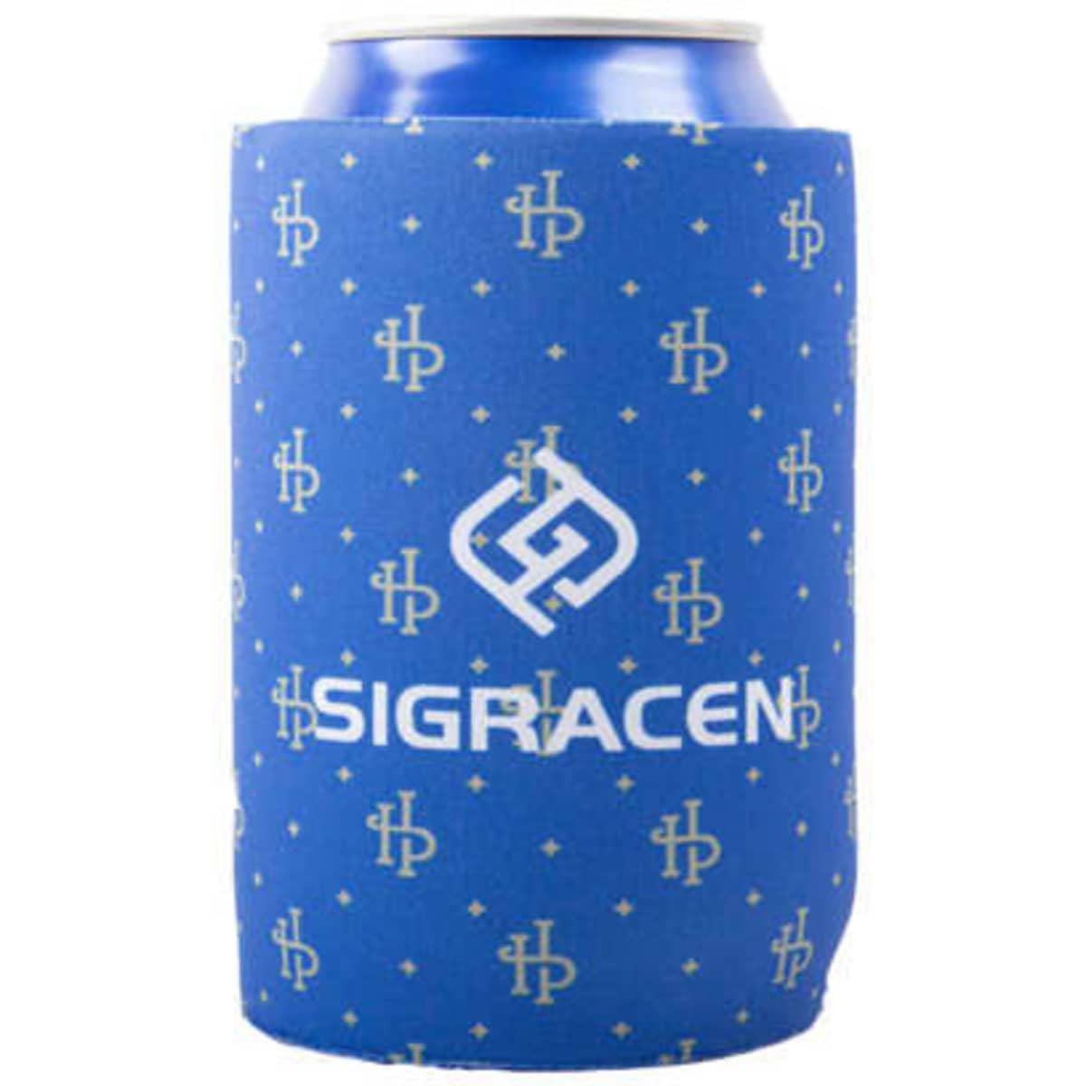 A drink bottle cooler in blue neoprene featuring a repeating pattern and a logo.